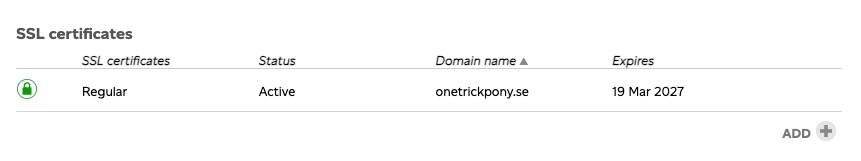 The SSL certificates section in the Loopia Customer Zone showing an active Regular certificate for onetrickpony.se