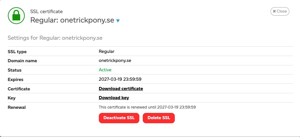 The settings window for a Regular SSL certificate with the Download certificate and Download key links